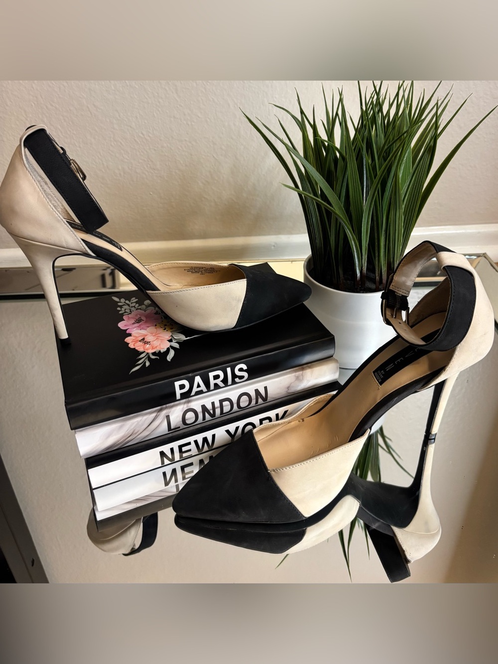 Two-Tone Black and Cream Pointed Toe Ankle Strap Pumps